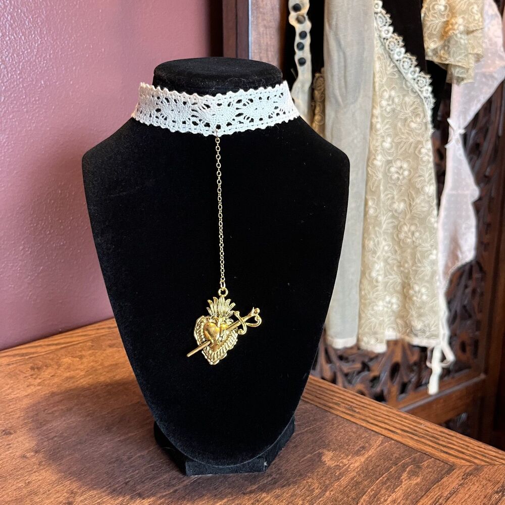 Gold Plated Sacred Heart Drop Choker Antique-Style Lace Whimsygoth Eccentric - Picture 5 of 6